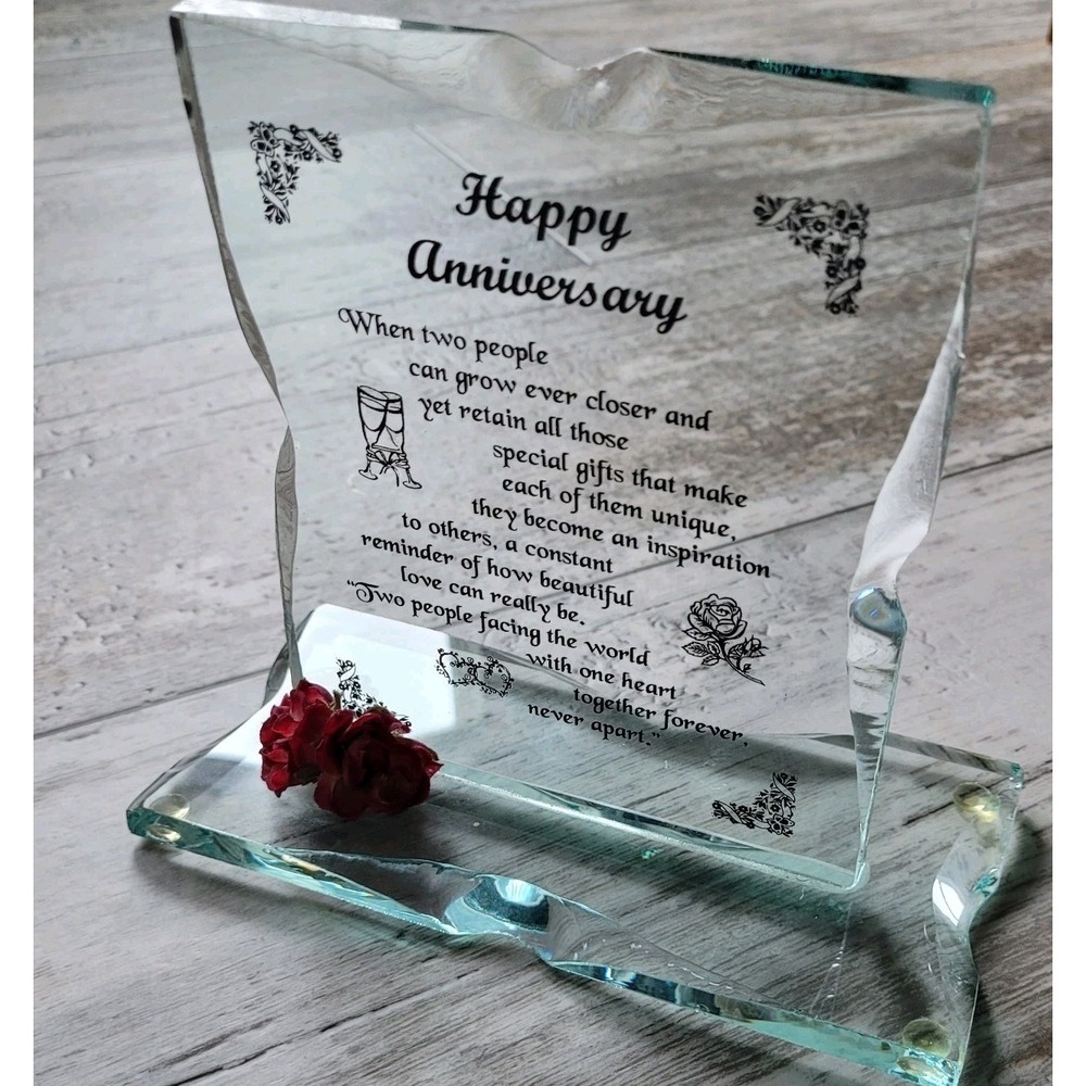 Vintage Beveled Glass Anniversary Plaque - "Two People, One Heart" Poem Gift